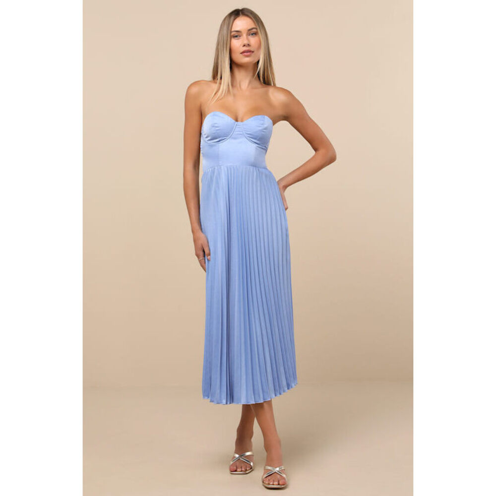 🛍️BLACK FRIDAY DEAL🛍️ Lulus Irelyn Dusty Blue Satin Bustier Midi Dress - Size XS